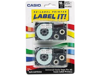 Casio XR18WE2S Tape Cassettes for KL Label Makers, 18mm x 26ft, Black on White, 2/Pack