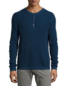 Waffle Knit Long Sleeve Henley Shirt, Blue