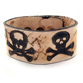 Brown Leather Branded Skull and Crossbones Bracelet