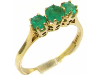 9K Yellow Gold Womens Vibrant Emerald Eternity Trilogy Band Ring   Size 7.75   Finger Sizes 4 to 12 Available