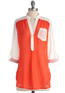 Sheer for You Top in Coral Colorblock  Mod Retro Vintage Short Sleeve Shirts