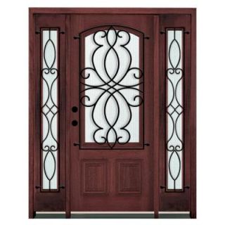 Steves & Sons 64 in. x 80 in. Iron Grille 3/4  Arch Lite Stained Mahogany Wood with Sidelites M6301 GR SD12 RH