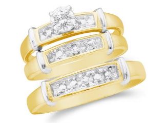 10K Yellow and White Two Tone Gold Diamond Trio 3 Ring His & Hers Set   Solitaire Setting w/ Round Diamonds   (1/10 cttw, G H, SI2)   SEE "OVERVIEW" TO CHOOSE BOTH SIZES