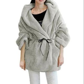 Allegra K Women's Hooded Long Sleeve Bathrobe Style Plush Coat Gray (Size M / 8)