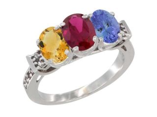 10K White Gold Natural Citrine, Enhanced Ruby & Natural Tanzanite Ring 3 Stone Oval 7x5 mm Diamond Accent, sizes 5   10