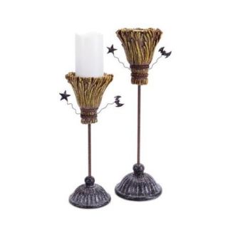 Set of 2 Glittery Witches Broomstick Halloween Pillar Candle Holders