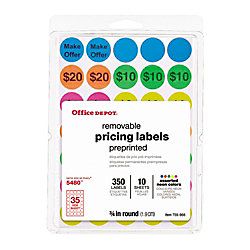 Brand Removable Preprinted Garage Sale Labels 34 Diameter Assorted Neon Colors Pack Of 350