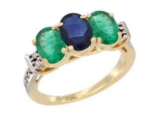10K Yellow Gold Natural Blue Sapphire & Emerald Sides Ring 3 Stone Oval 7x5 mm Diamond Accent, sizes 5   10