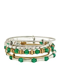 Set Of 5 Silver, Gold, & Green Beaded Bangles by Alex & Ani