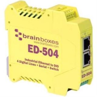 Brainboxes ED 504 Brainboxes ED 504 Ethernet to Digital IO + Serial + Switch   2 x Network (RJ 45)   1 x Serial Port   Fast Ethernet   Rail mountable