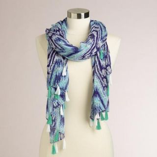Turquoise and Navy Infinity Scarf with Extra Wide Fringe
