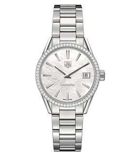TAG HEUER   WAR1315.BA0773 Carrera 64 diamond, mother of pearl and brushed stainless steel watch