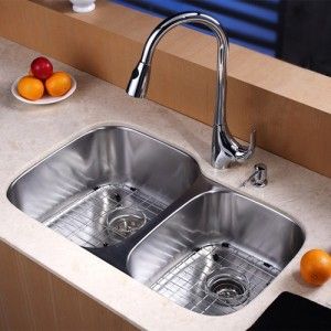 Kraus KBU24 KPF1621 KSD30CH 32 inch Undermount Double Bowl Stainless Steel Kitchen Sink with Chrome Kitchen Faucet and Soap Dispenser