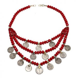 BAJALIA "Maliha" Faceted Red Bead Layered Drape Coin Dangle 22" Necklace   7513975