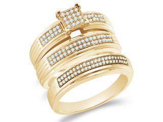 10K Yellow Gold Diamond Trio 3 Ring His & Hers Set   Square Princess Shape Center Setting w/ Micro Pave Set Round Diamonds   (2/5 cttw, G H, SI2)   SEE "OVERVIEW" TO CHOOSE BOTH SIZES