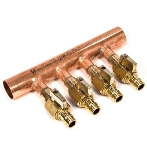 Uponor Wirsbo LF2500400 1" Copper Manifold w/ LF Brass 1/2" ProPEX Ball Valve, 4 Outlets