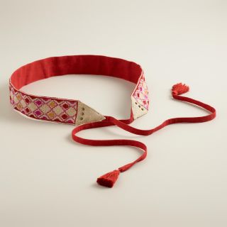 Natural and Red Geometric Embroidered Belt with Tie