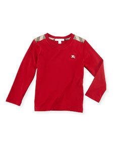 Burberry Boys Check Shoulder Long Sleeve Tee, Military Red, 4Y 10Y