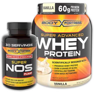 Body Fortress 2lb Vanilla Whey Protein Powder + 90ct Super Nos Pump Nitric Oxide Stimulator Bundle