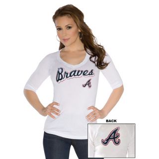 Touch By Alyssa Milano Atlanta Braves Womens End Line Three Quarter Sleeve V Neck T Shirt   White