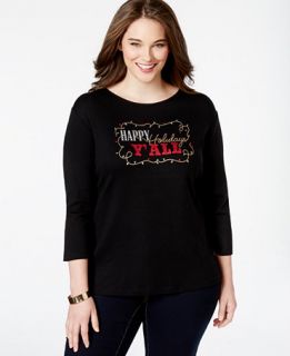Karen Scott Plus Size Holiday Graphic Top, Only at   Tops