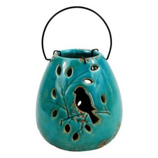 Ceramic Candle Lantern with Bird Design 22   Blue