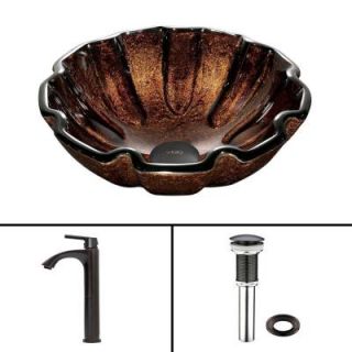 Vigo Glass Vessel Sink in Walnut Shell and Linus Faucet Set in Antique Rubbed Bronze VGT421