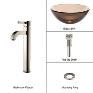 KRAUS Glass Vessel Sink in Clear Brown with Single Hole 1 Handle High Arc Ramus Faucet in Satin Nickel C GV 103 14 12mm 1007SN