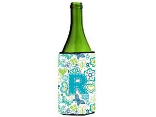 Letter R Flowers and Butterflies Teal Blue Wine Bottle Beverage Insulator Hugger CJ2006 RLITERK
