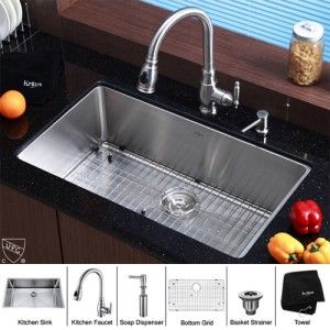 Kraus KHU100 32 KPF2150 SD20 32 inch Undermount Single Bowl Stainless Steel Kitchen Sink with Kitchen Faucet and Soap Dispenser