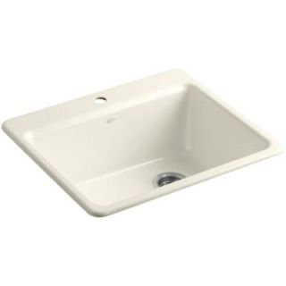 KOHLER Riverby Top Mount Cast Iron 25 in. 1 Hole Single Bowl Kitchen Sink with Basin Rack in Biscuit K 5872 1A1 96