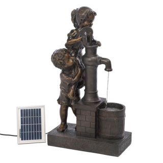 Resin Children at Water Pump Solar Fountain by Classic Gifts and Decor