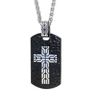 Stainless Steel Mens Cross Accent Textured Dog Tag Pendant