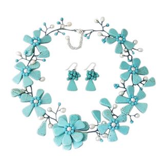 Turquoise and Pearl Modern Floral Link Jewelry Set (3 5 mm) (Thailand)