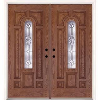 Feather River Doors 74 in. x 81.625 in. Medina Zinc Center Arch Lite Stained Medium Oak Fiberglass Double Prehung Front Door 332490 400