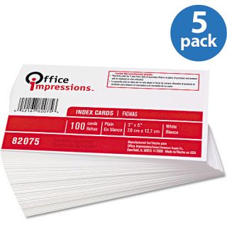 Office Impressions Index Cards, Plain, 3" x 5", White, 100 Count, 5 Pack
