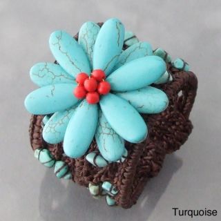 Cotton Rope Wide Turquoise and Coral Flower Cuff Bracelet (Thailand