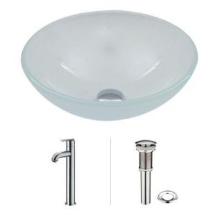 Vigo Glass Vessel Sink in White Frost with Faucet Set in Chrome VGT269
